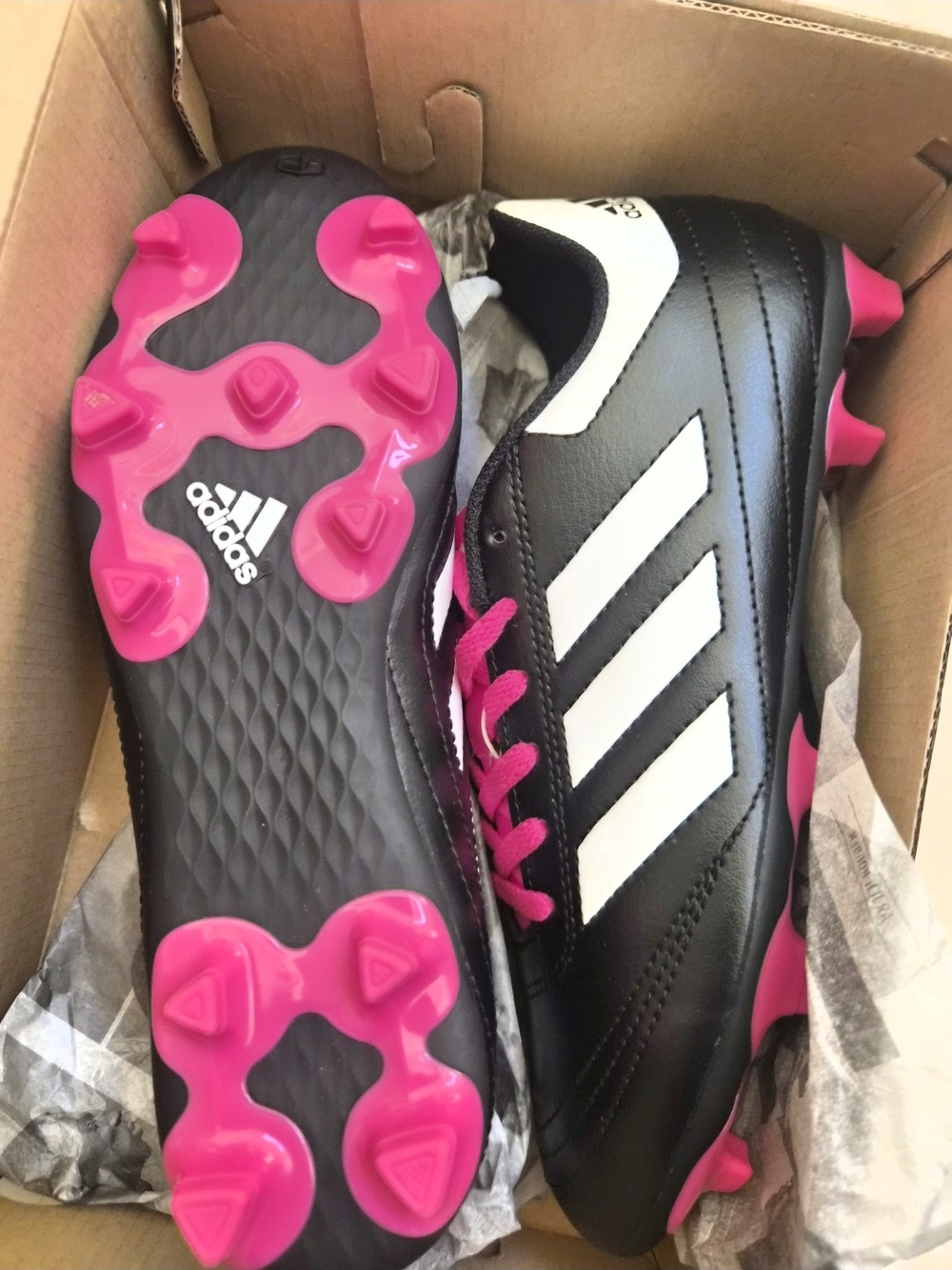 adidas Kids Black Soccer Cleats with White Stripes and Pink Accents